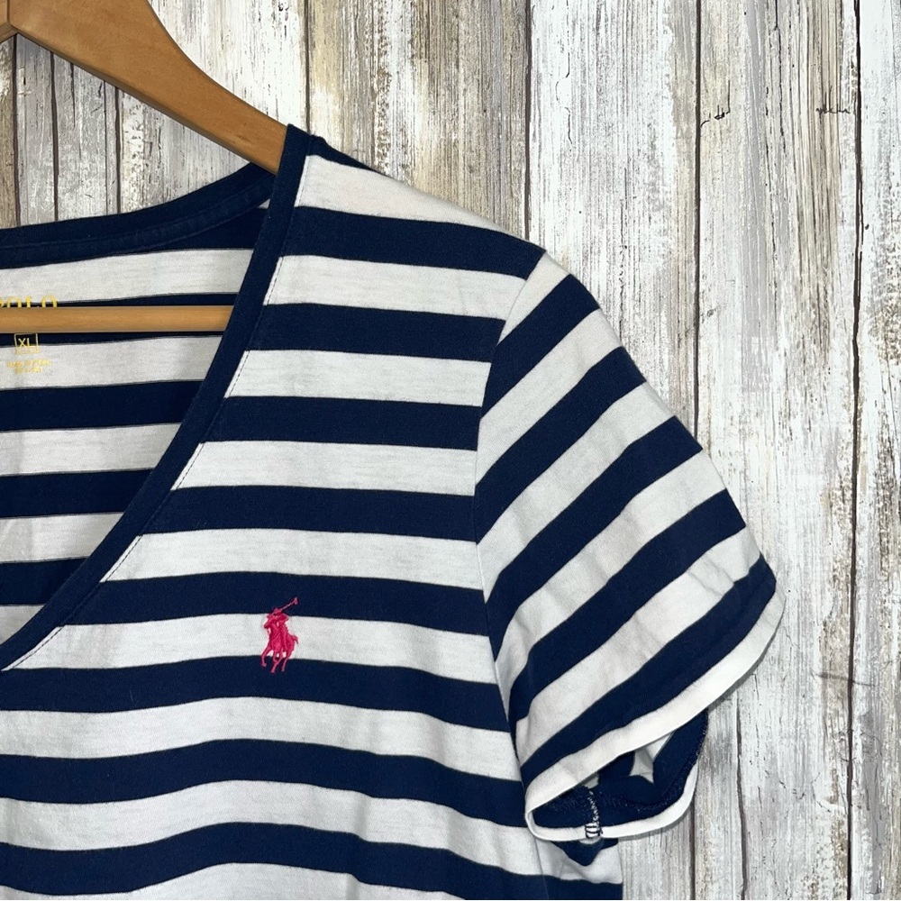 Polo Ralph Lauren Striped V Neck Tee XL Navy White Cotton Women Classic Logo - Picture 2 of 5